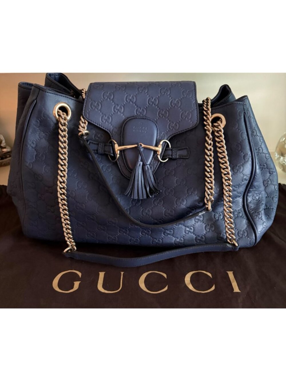 GUCCI Guccissima GG Monogram Leather Emily Navy Blue Hobo Chain Link Flap Bag - Picture 2 of 16